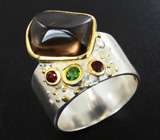 Серебряное кольцо с дымчатым кварцем, диопсидом и мозамбикскими гранатами Серебро 925