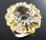 Серебряное кольцо с дымчатым кварцем, цитринами, диопсидами и пурпурными сапфирами Серебро 925