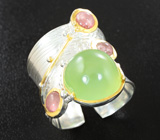 Серебряное кольцо с пренитом 7+ карат и розовыми турмалинами Серебро 925
