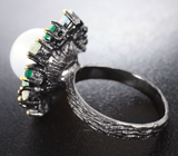Серебряное кольцо с жемчужиной, кристаллическими эфиопскими опалами и хризопразом Серебро 925