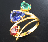 Золотое кольцо с уральским изумрудом, танзанитом и сапфиром высоких характеристик Золото
