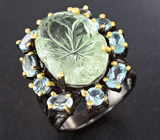 Серебряное кольцо с резным зеленым аметистом и голубыми топазами Серебро 925