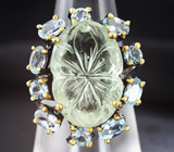 Серебряное кольцо с резным зеленым аметистом и голубыми топазами Серебро 925