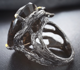 Серебряное кольцо с дымчатым кварцем лазерной огранки 30+ карат и перидотами Серебро 925