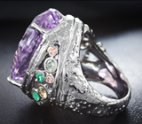 Серебряное кольцо с аметистом лазерной огранки 32,85 карата, изумрудами и разноцветными сапфирами Серебро 925