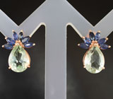 Чудесные серебряные серьги с зелеными аметистами и синими сапфирами Серебро 925