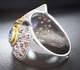 Оригинальное серебряное кольцо с танзанитами и родолитами Серебро 925