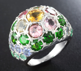 Роскошное серебряное кольцо с цитрином, разноцветными турмалинами, диопсидами, танзанитами и изумрудами Серебро 925