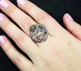 Серебряное кольцо с кристаллическими черными опалами и диопсидами Серебро 925