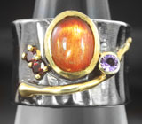 Серебряное кольцо с солнечным камнем, аметистом и мозамбикскими гранатами Серебро 925