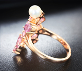 Изысканное серебряное кольцо с жемчугом, розовыми турмалинами и черными шпинелями Серебро 925