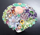 Шикарное крупное серебряное кольцо c розовым опалом и самоцветами Серебро 925