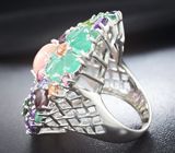 Шикарное крупное серебряное кольцо c розовым опалом и самоцветами Серебро 925