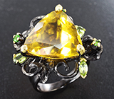 Серебряное кольцо с золотисто-желтым флюоритом 21+ карат, перидотами и диопсидами Серебро 925