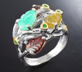 Серебряное кольцо с резными разноцветными турмалинами, изумрудом и цаворитами Серебро 925