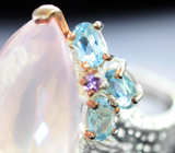 Серебряное кольцо с розовым кварцем 29+ карат, голубыми топазами и аметистом Серебро 925
