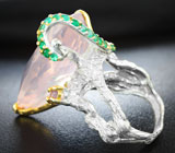 Серебряное кольцо с розовым кварцем, аметистом и хризопразом Серебро 925