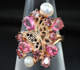 Изысканное серебряное кольцо c жемчугом, розовыми турмалинами и черными шпинелями Серебро 925