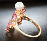 Изысканное серебряное кольцо c жемчугом, розовыми турмалинами и черными шпинелями Серебро 925