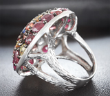 Крупное праздничное серебряное кольцо с разноцветными сапфирами Серебро 925