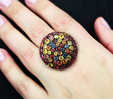 Крупное праздничное серебряное кольцо с разноцветными сапфирами Серебро 925