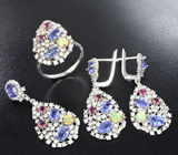 Серебряный комплект с танзанитами, родолитами и кристаллическими эфиопскими опалами Серебро 925