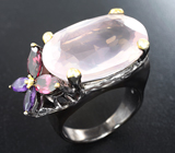 Серебряное кольцо с розовым кварцем 26+ карат, родолитами и аметистами Серебро 925
