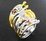 Серебряное кольцо с разноцветными шпинелями и мозамбикским гранатом Серебро 925