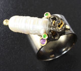 Серебряное кольцо с жемчужиной барокко, аметистом и диопсидами