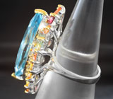 Яркое серебряное кольцо с голубым топазом и разноцветными сапфирами Серебро 925