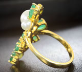 Великолепное серебряное кольцо с жемчужиной, изумрудами и черными шпинелями Серебро 925