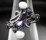 Изысканное серебряное кольцо с жемчугом и синими сапфирами Серебро 925