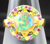 Золотое кольцо с ограненным эфиопским опалом 2,89 карата, цаворитами и разноцветными сапфирами Золото