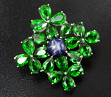 Шикарная серебряная брошь cо звездчатым сапфиром и диопсидами Серебро 925