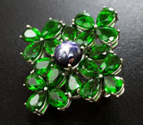 Шикарная серебряная брошь cо звездчатым сапфиром и диопсидами Серебро 925