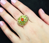 Роскошное серебряное кольцо с цитрином, перидотами, зелеными сапфирами и изумрудами Серебро 925