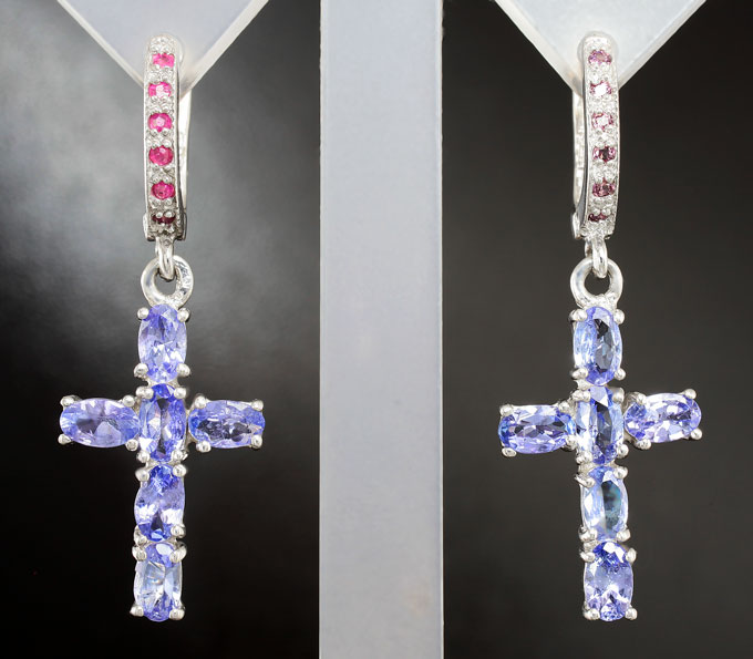 Оригинальные серебряные серьги с танзанитами и родолитами