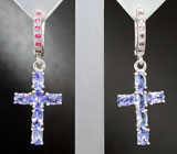 Оригинальные серебряные серьги с танзанитами и родолитами Серебро 925