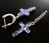 Оригинальные серебряные серьги с танзанитами и родолитами Серебро 925