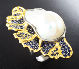 Серебряное кольцо с жемчужиной барокко 32,86 карата и синими сапфирами Серебро 925