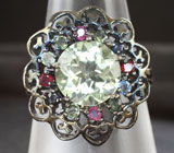 Ажурное серебряное кольцо с зеленым аметистом и разноцветными сапфирами Серебро 925