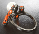 Великолепное серебряное кольцо с жемчужиной, ограненными опалами и черными шпинелями Серебро 925