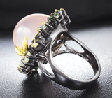 Серебряное кольцо с розовым кварцем 25+ карат, диопсидами и ограненными эфиопскими опалами Серебро 925