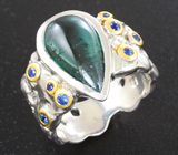 Серебряное кольцо с голубовато-зеленым турмалином 5,38 карата и синими сапфирами Серебро 925