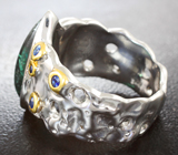 Серебряное кольцо с голубовато-зеленым турмалином 5,38 карата и синими сапфирами Серебро 925