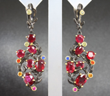 Великолепные черненые серебряные серьги с рубинами Серебро 925