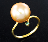 Золотое кольцо с золотисто-розовой морской жемчужиной 14,01 карата и изумрудами! Натуральный цвет Золото