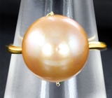 Золотое кольцо с золотисто-розовой морской жемчужиной 14,01 карата и изумрудами! Натуральный цвет Золото