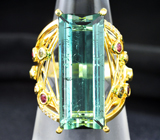 Золотое кольцо с крупным индиголитом 14,9 карата и розовыми турмалинами, зелеными сапфирами и бриллиантами Золото