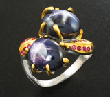 Серебряное кольцо со звездчатыми и пурпурными сапфирами Серебро 925